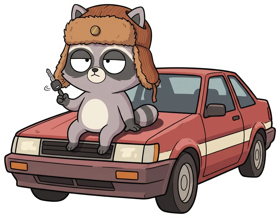 Kei the raccoon sitting on the hood of a vintage red coupe