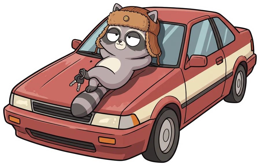 Kei the raccoon lounging on the hood of a vintage red coupe