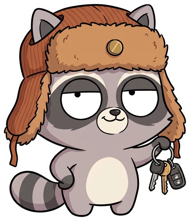 Kei the raccoon holding up a ring of car keys